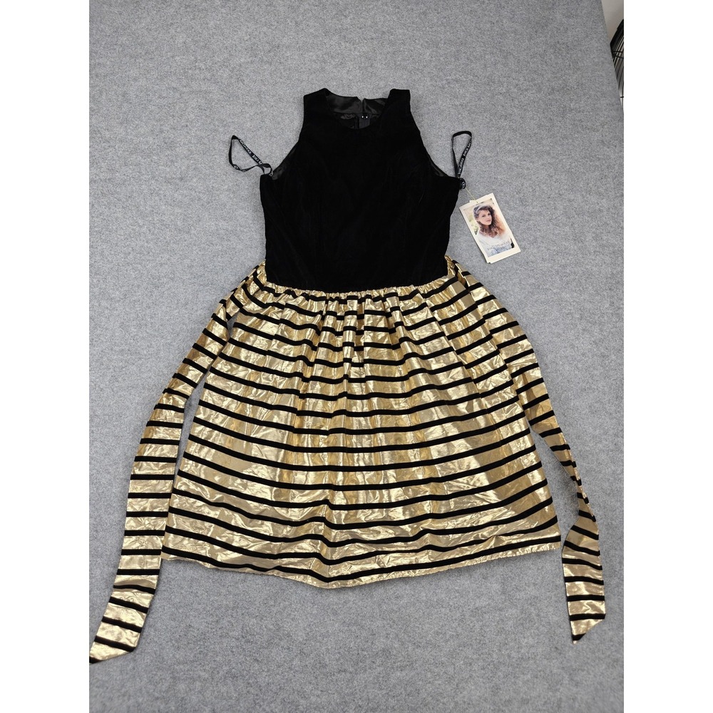 Vintage Jessica McClintock Dress Girls 14 Gold Striped Velvet Fit & Flare‎ Party